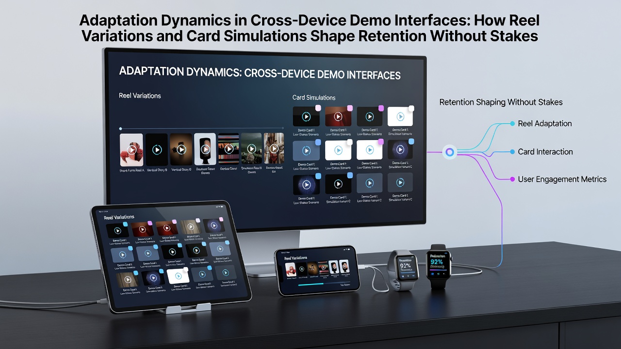 Cross-device demo interface showing slot reels and card simulation layouts on multiple screens