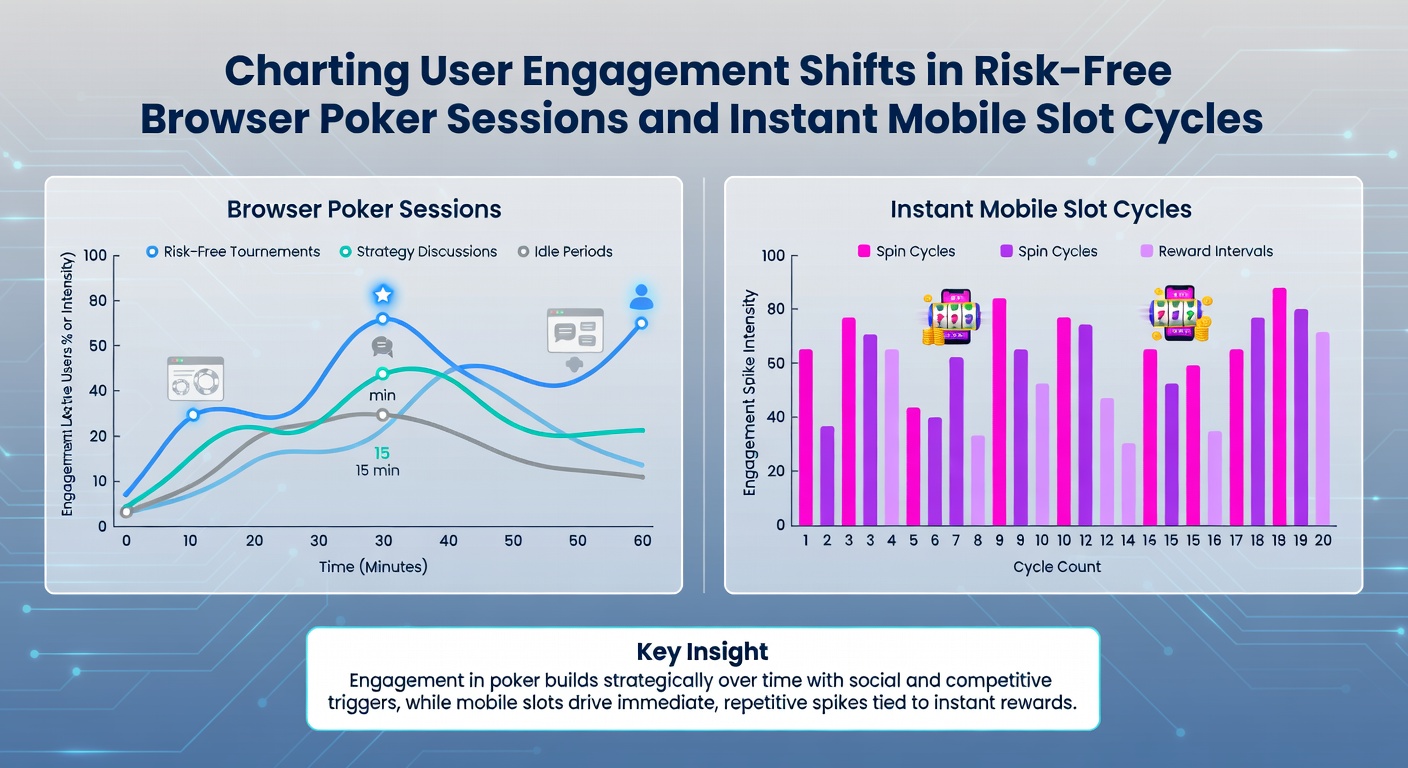 Mobile device screen displaying slot game interface alongside engagement statistics and session duration graphs