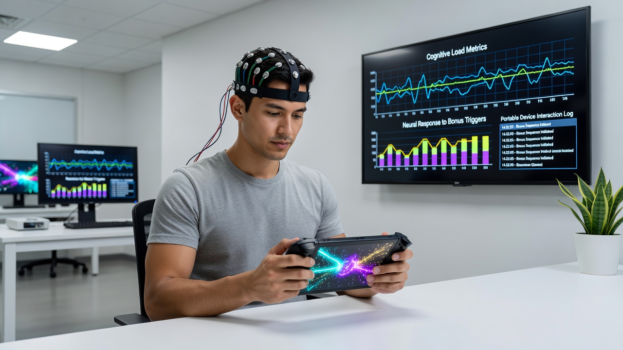Portable gaming device displaying an active bonus round with overlaid EEG monitoring equipment
