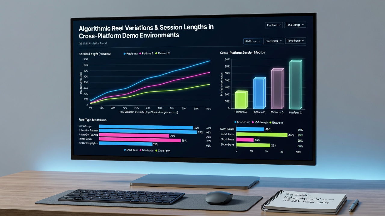 Graphs and charts illustrating session length data across different demo platforms and reel settings