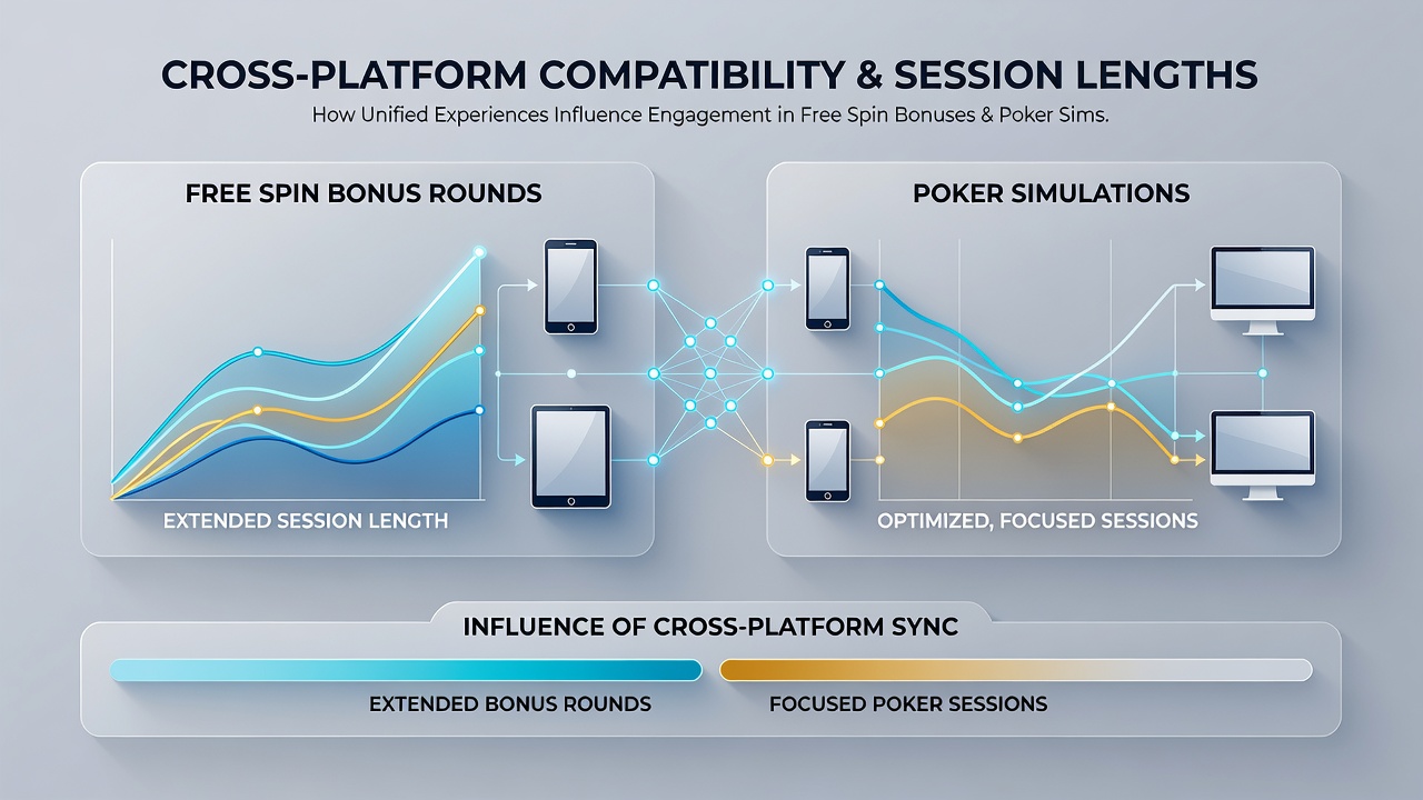Mobile and desktop views of poker simulation interfaces with synchronized session data