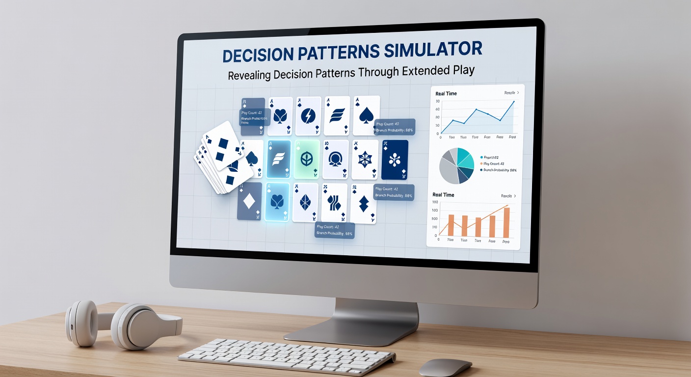 Analytics dashboard showing decision heatmaps and pattern timelines from extended card game simulator sessions