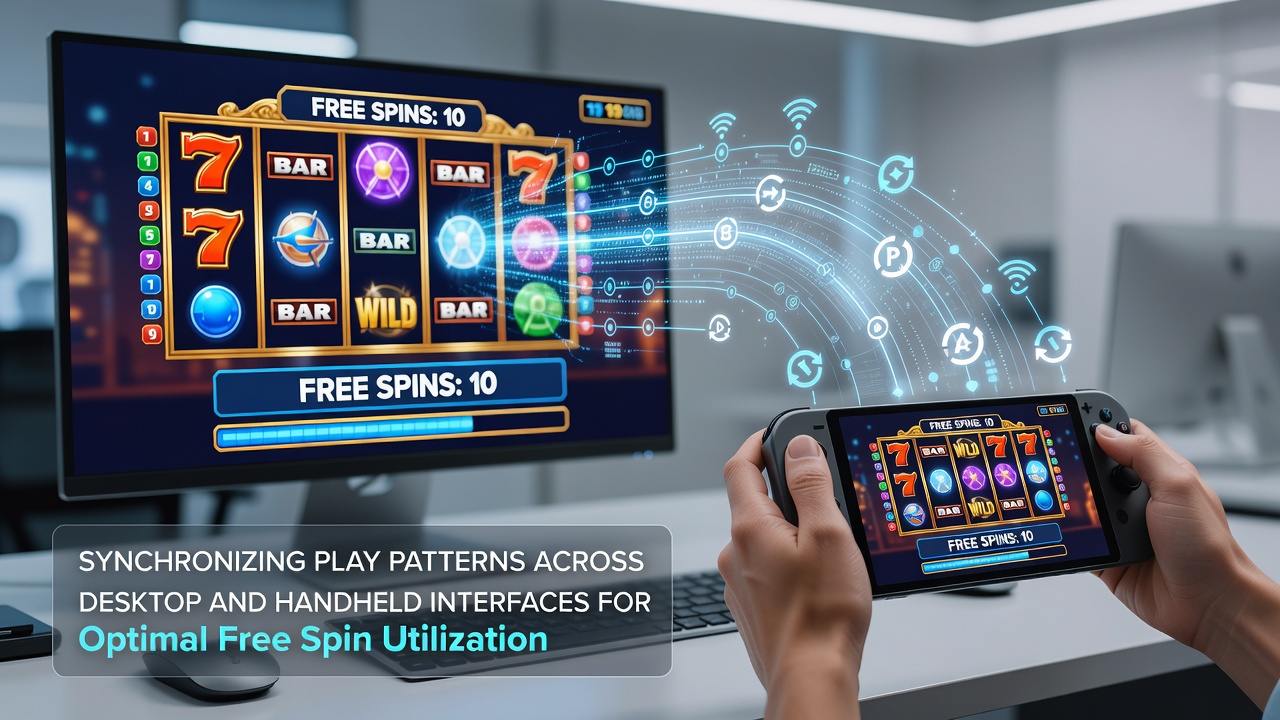 User transitioning between desktop monitor and mobile tablet while tracking slot simulation free spins